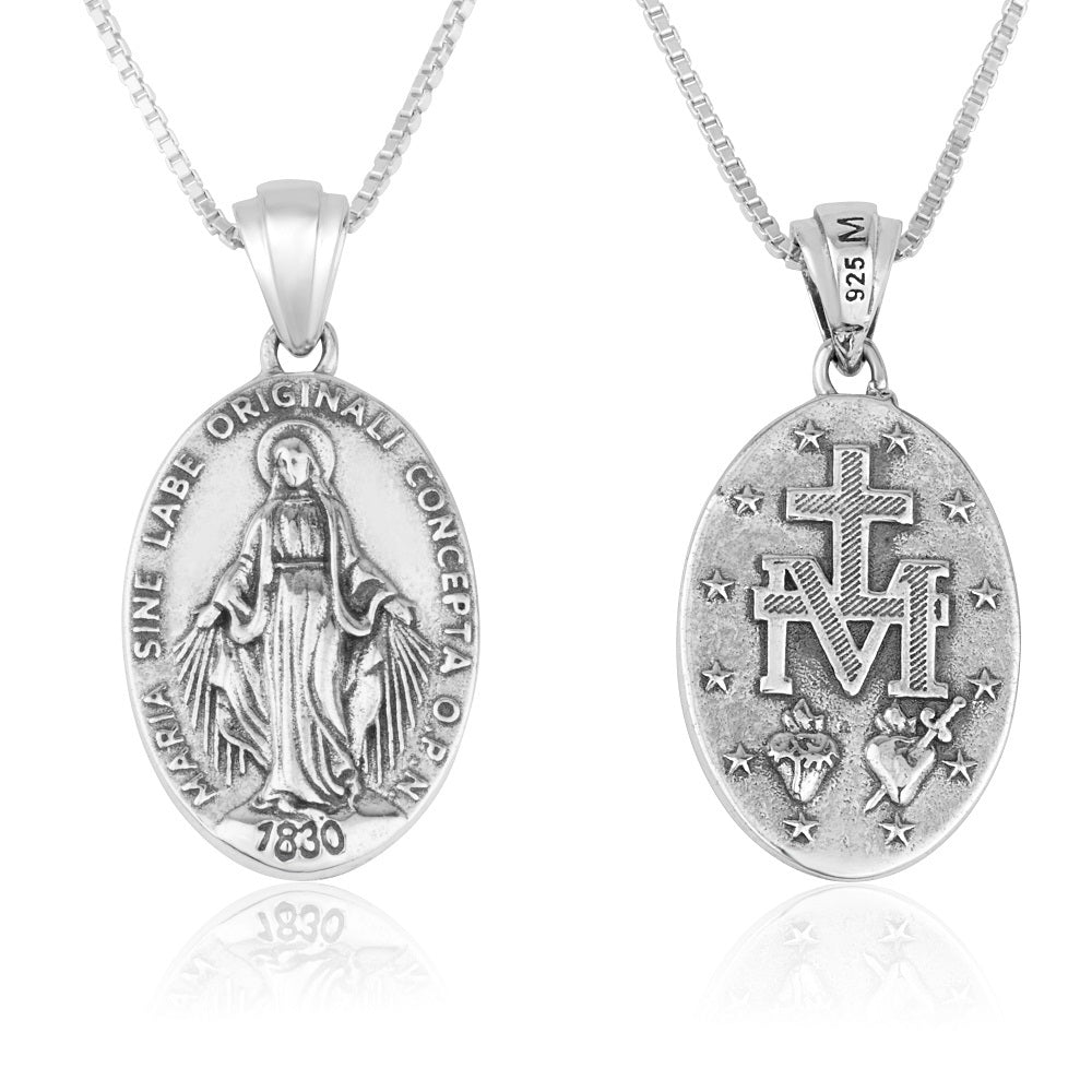 Miraculous Medal necklace antique finish oxidized sterling silver vintage - Marina Jewelry Holy Land