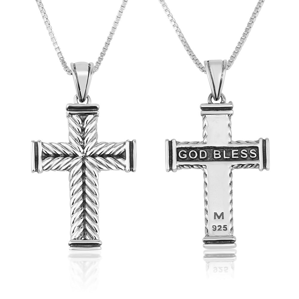 Cross Pendant Chevron Texture God Bless Inscription Sterling Silver Holy Land - Marina Jewelry