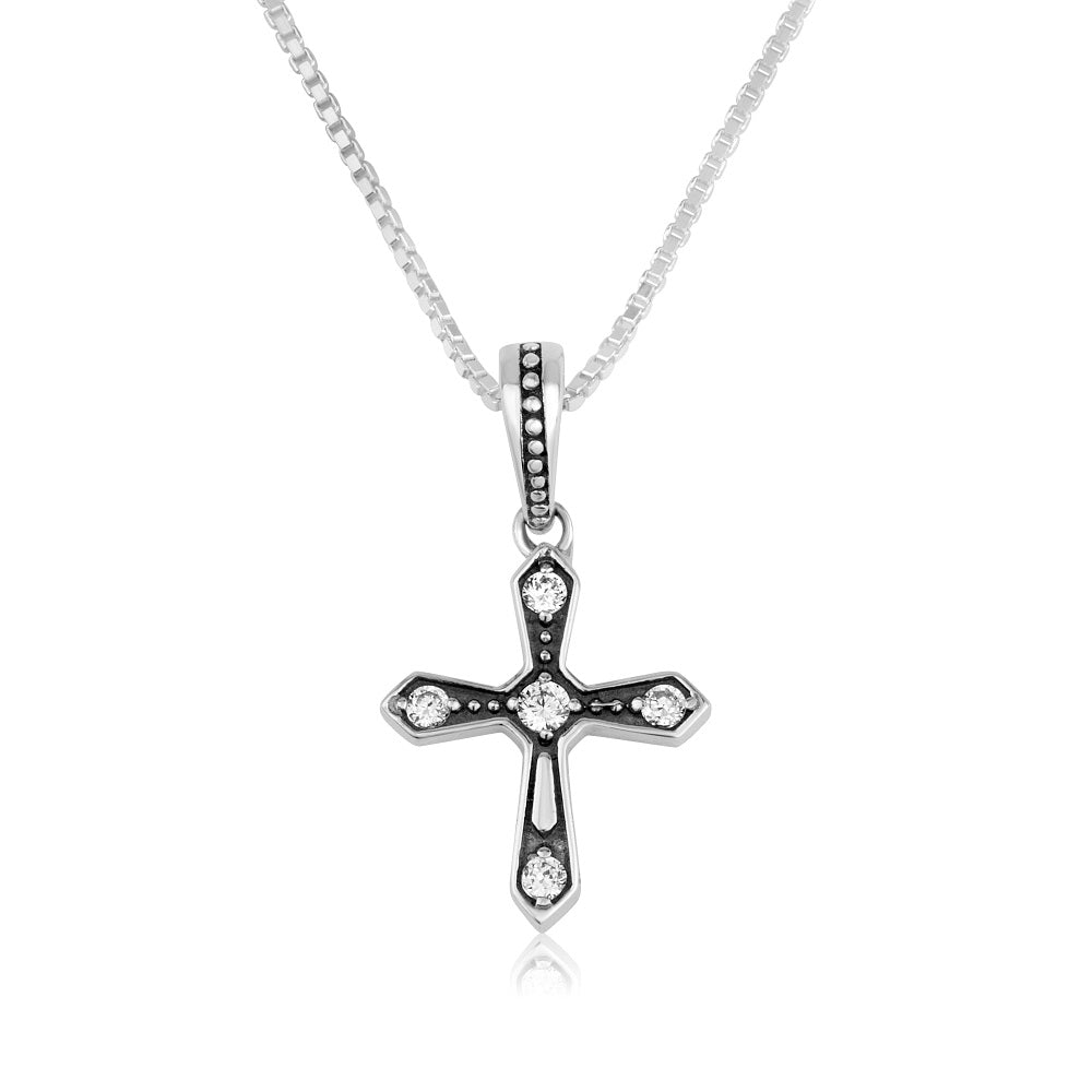 Zircon cross pendant necklace stone tipped arms sterling silver - Marina Jewelry Holy Land