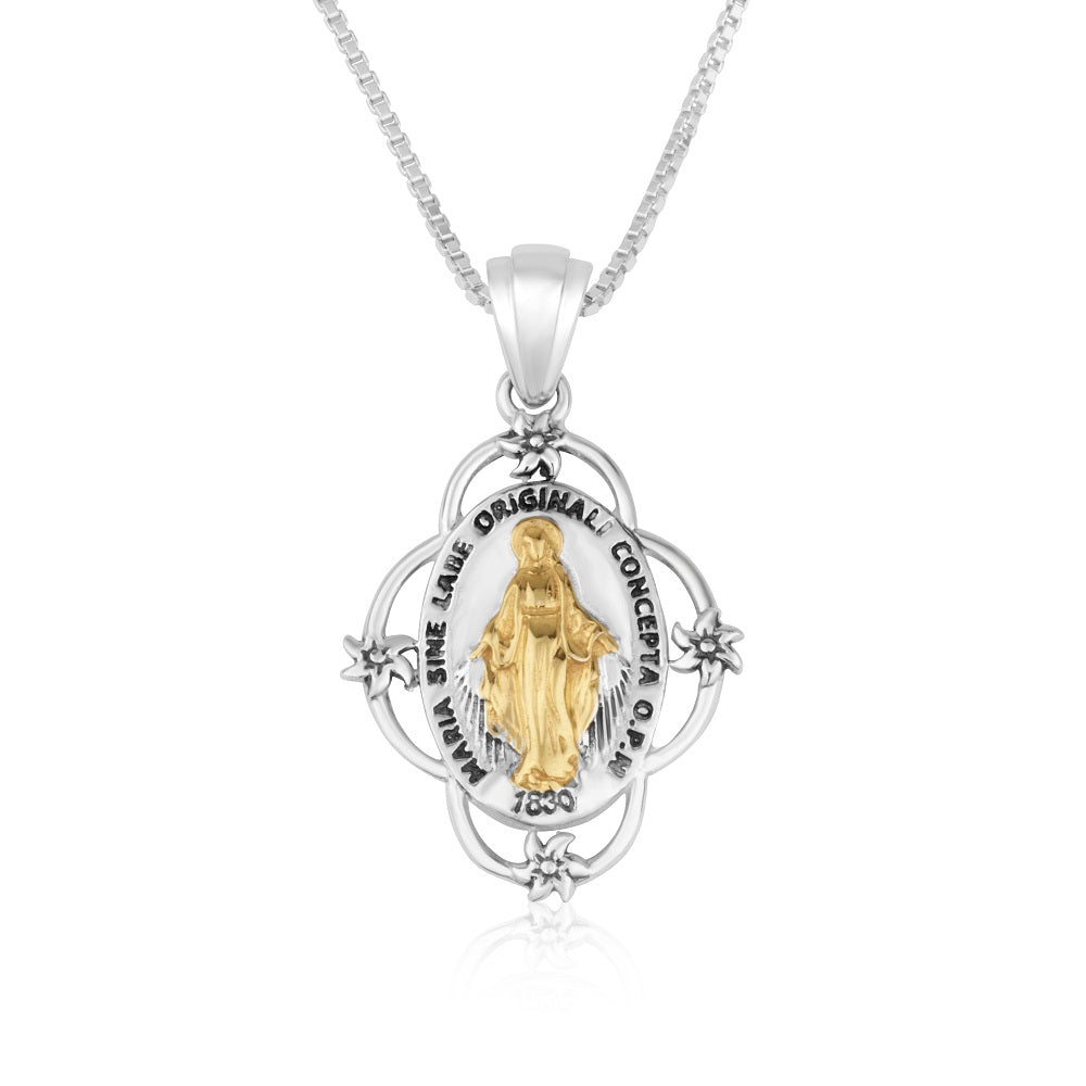 virgin mary floral frame pendant necklace gold plated sterling silver - Marina Jewelry Holy Land