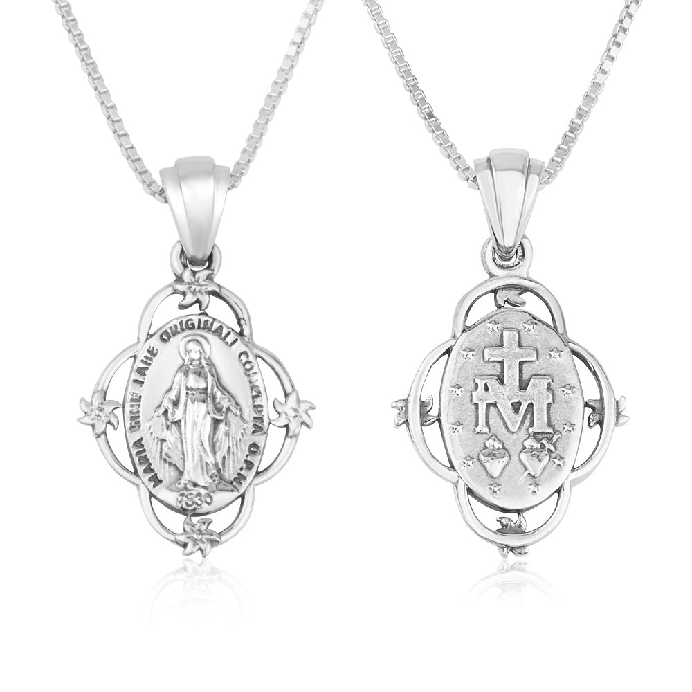 virgin mary floral frame pendant necklace sterling silver - Marina Jewelry Holy Land