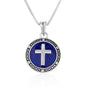 Cross Blue Enamel Round Medallion Pendant Sterling Silver Holy Land - Marina Jewelry