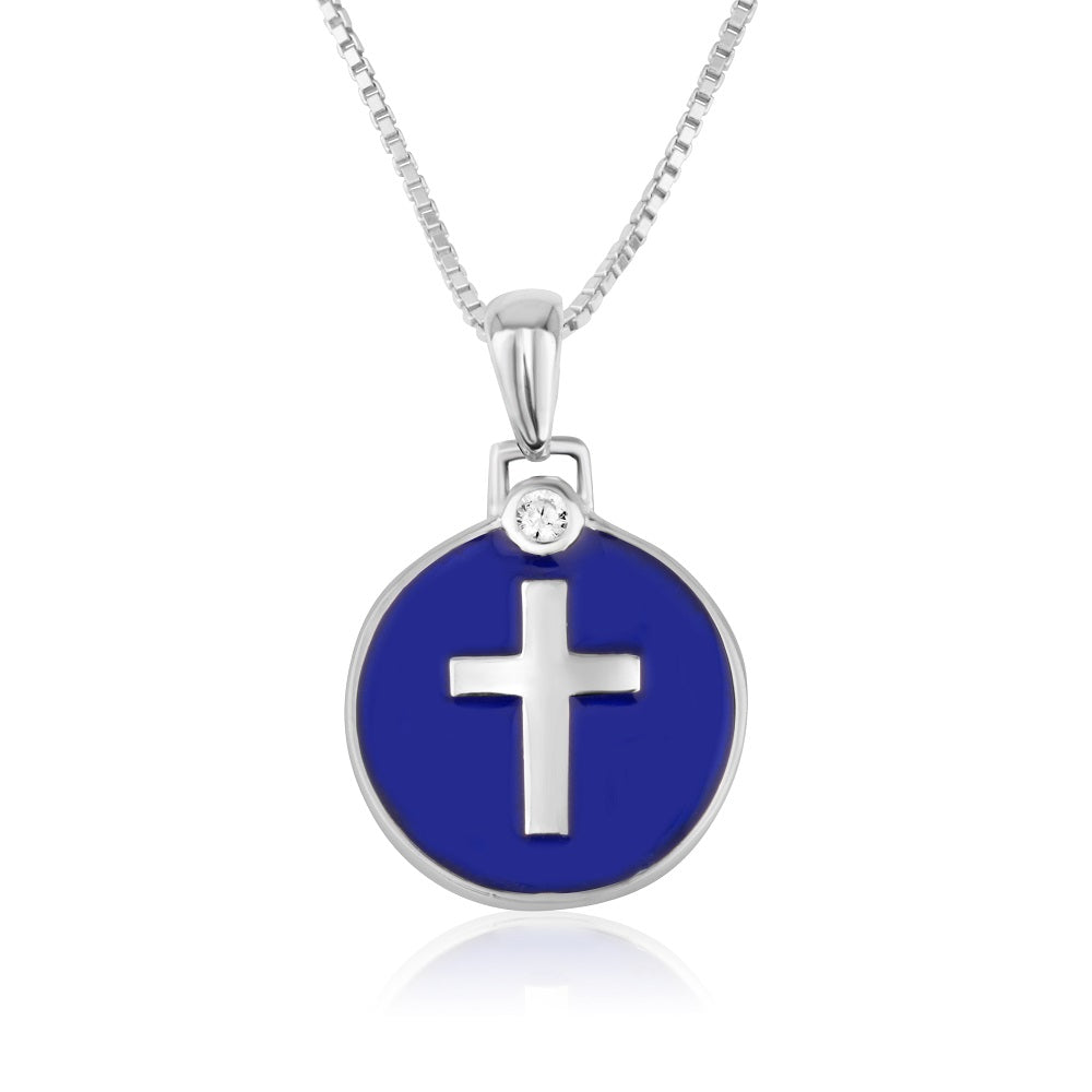 Cross Blue Enamel Mini Disc Pendant Sterling Silver Holy Land - Marina Jewelry