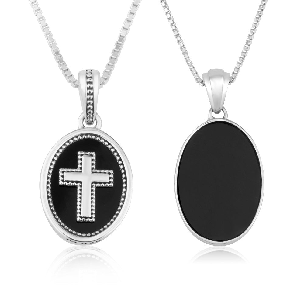 Onyx Cross Oval Pendant Necklace Sterling Silver 925 Holy Land - Marina Jewelry