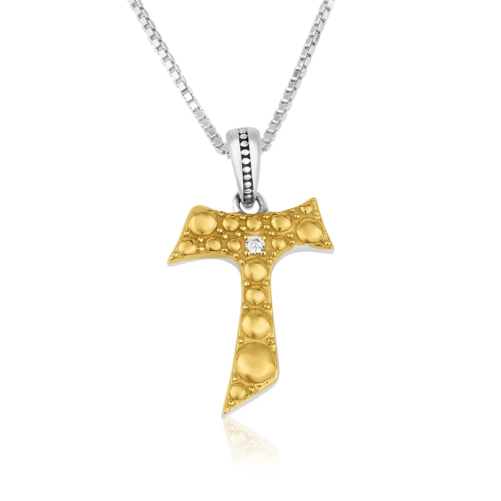 Tau Cross Pendant Zircon Gold - Gold Plated Sterling Silver, Holy Land - Marina Jewelry Holy Land