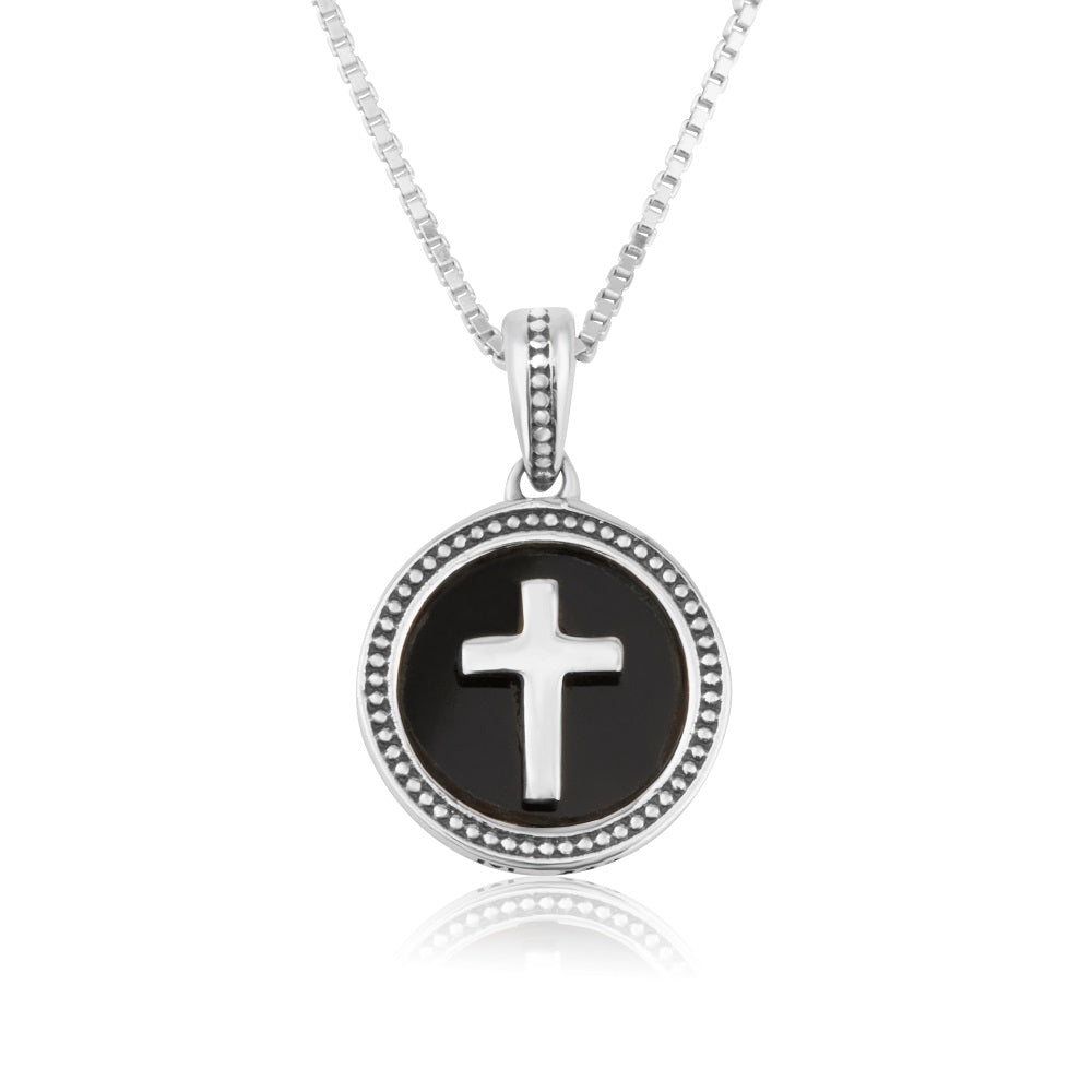 Onyx Cross Round Pendant Necklace - Sterling Silver 925, Holy Land - Marina Jewelry Holy Land