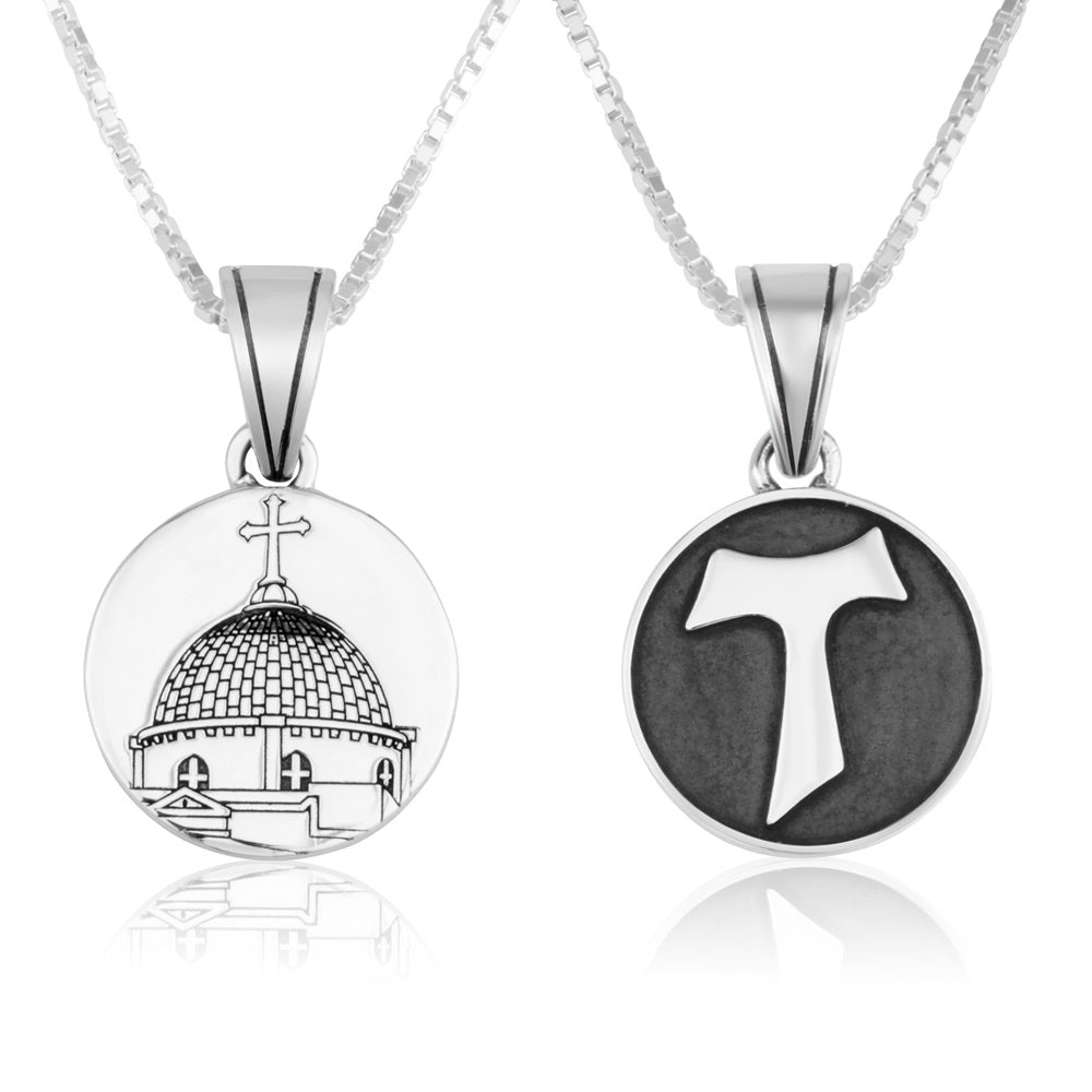 Holy Sepulchre & Tau Cross Double-Sided Pendant - Sterling Silver 925, Holy Land - Marina Jewelry Holy Land