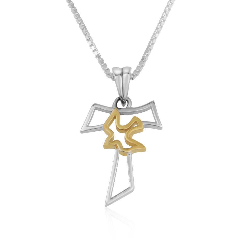 Tau Cross & Dove Pendant - Gold Plated Sterling Silver, Holy Land - Marina Jewelry Holy Land