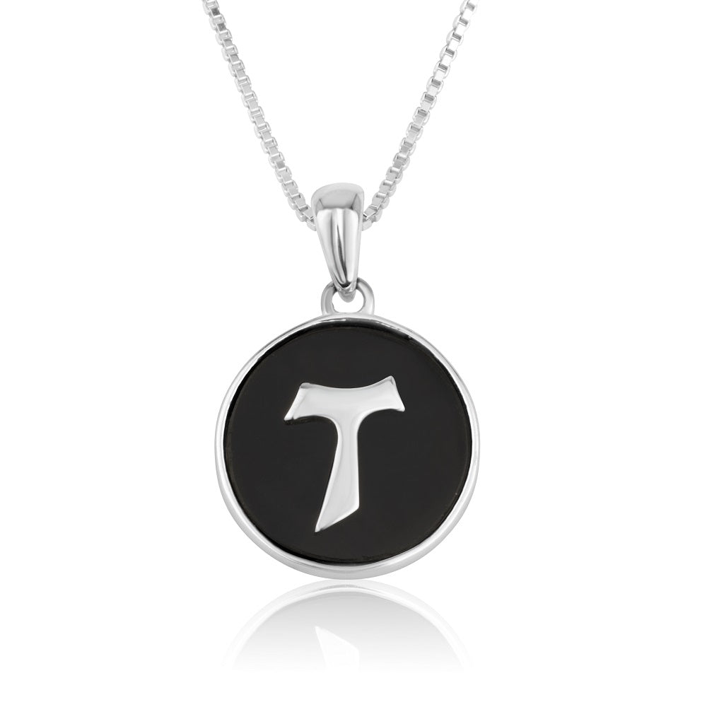 Tau Cross Onyx Coin Pendant Necklace - Sterling Silver 925, Holy Land - Marina Jewelry Holy Land