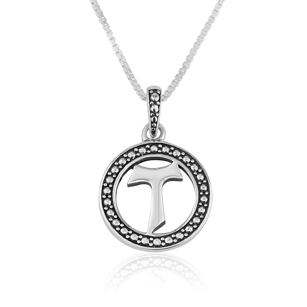 Tau Cross CZ Halo Pendant Necklace - Sterling Silver 925, Holy Land - Marina Jewelry Holy Land