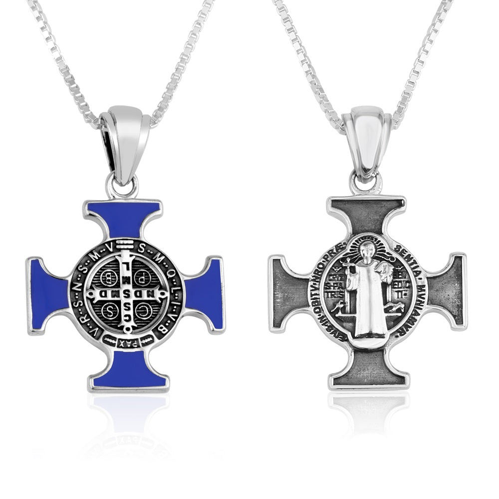 Saint Benedict Cross Pendant Blue Enamel Sterling Silver Holy Land - Marina Jewelry