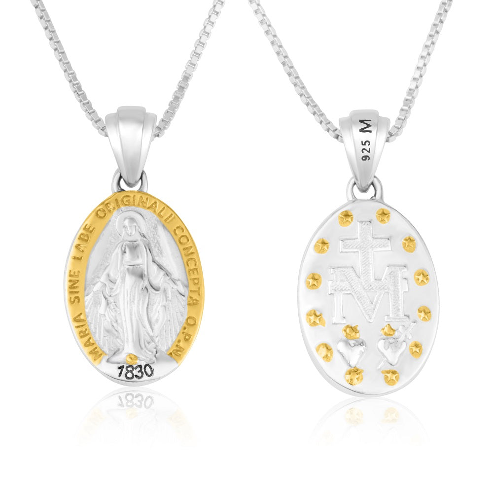 Miraculous Medal Necklace Gold Frame Silver Mary Sterling Silver Holy Land - Marina Jewelry