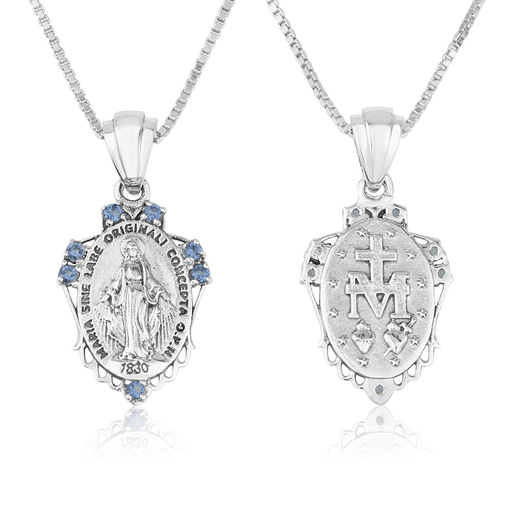 Virgin Mary Ornate Oval Pendant Blue Stones Sterling Silver Holy Land - Marina Jewelry