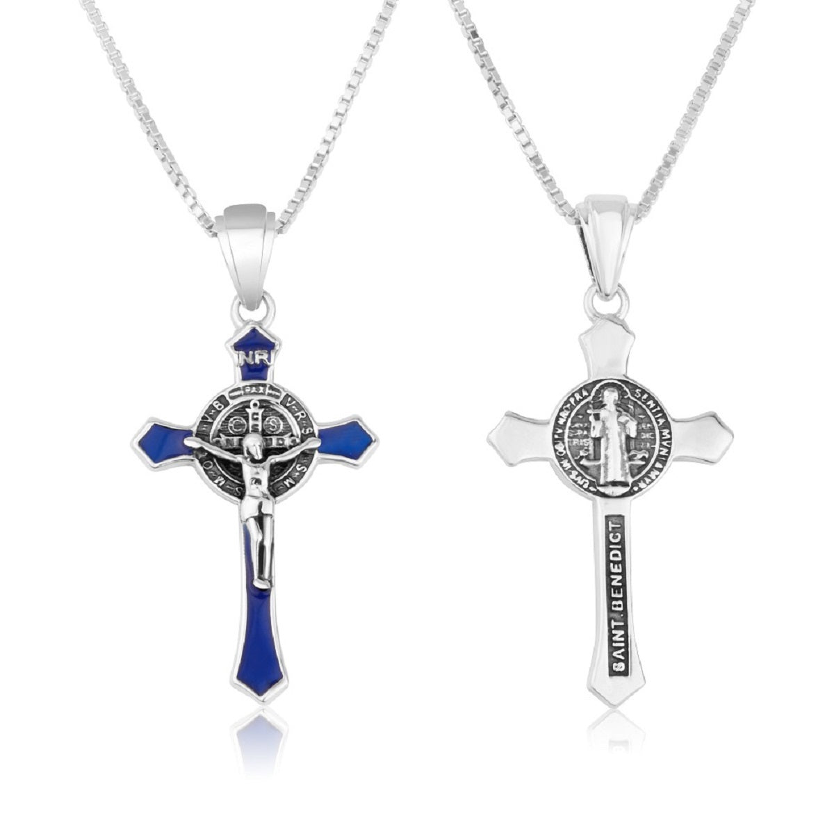Saint Benedict Crucifix Blue Enamel Pendant - Sterling Silver 925, Holy Land - Marina Jewelry Holy Land