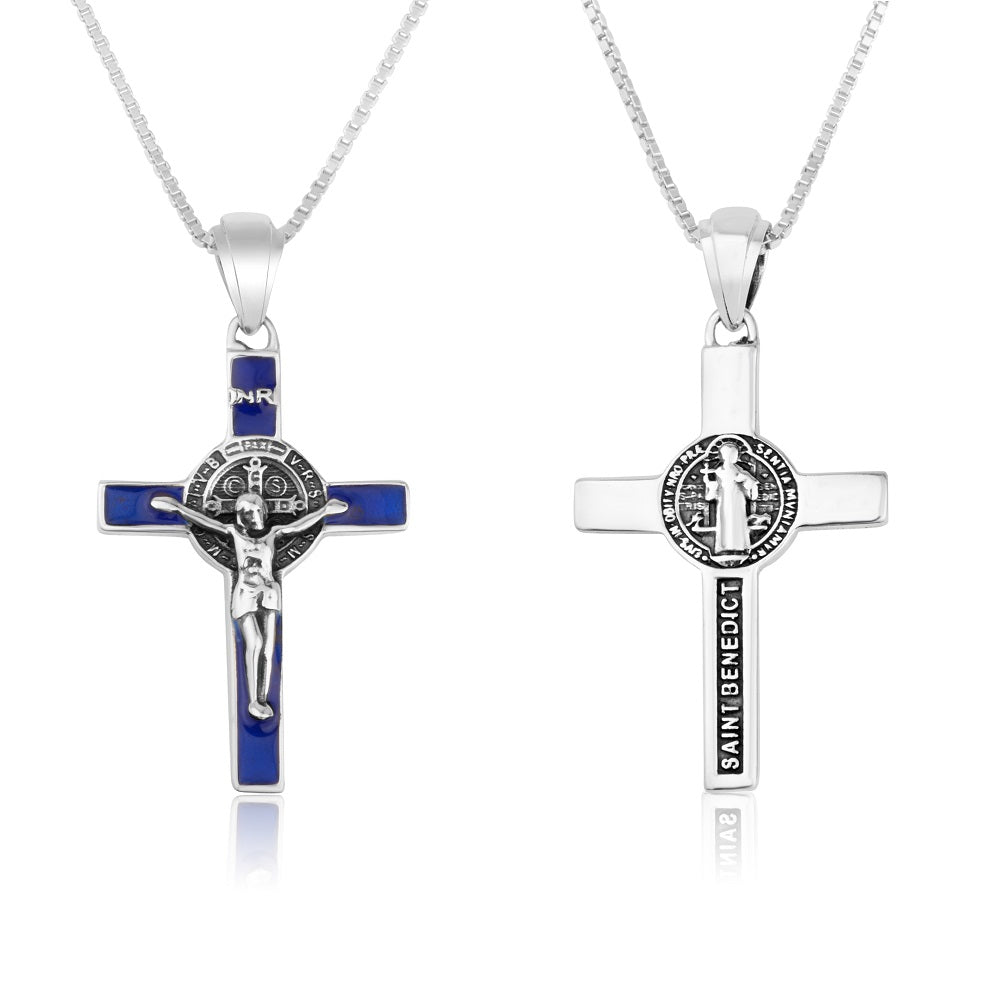 Saint Benedict Latin Cross Pendant Blue Enamel Sterling Silver Holy Land - Marina Jewelry