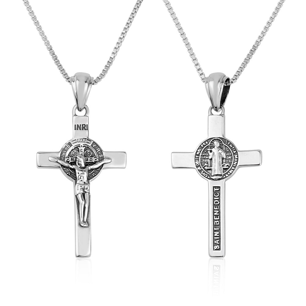 Saint Benedict Crucifix Pendant Oxidized Sterling Silver Holy Land - Marina Jewelry