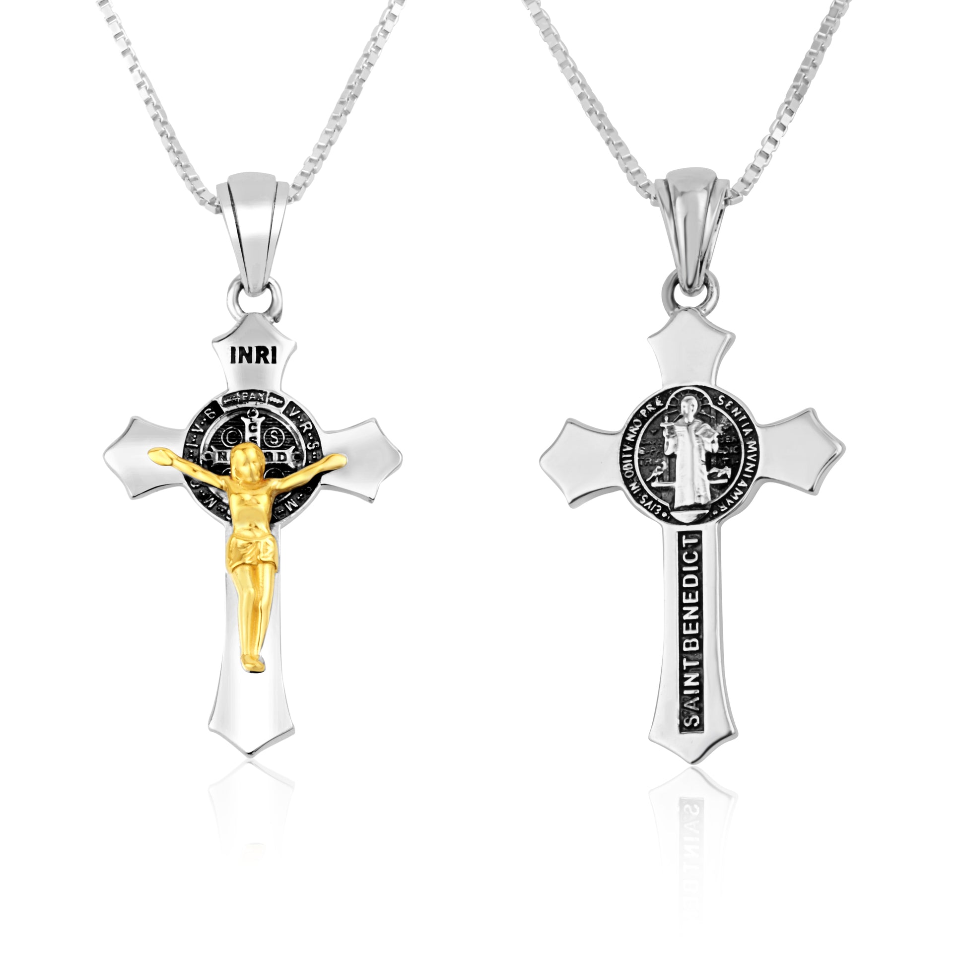 Saint Benedict Crucifix Pendant Two-Tone Gold Plated Sterling Silver Holy Land - Marina Jewelry