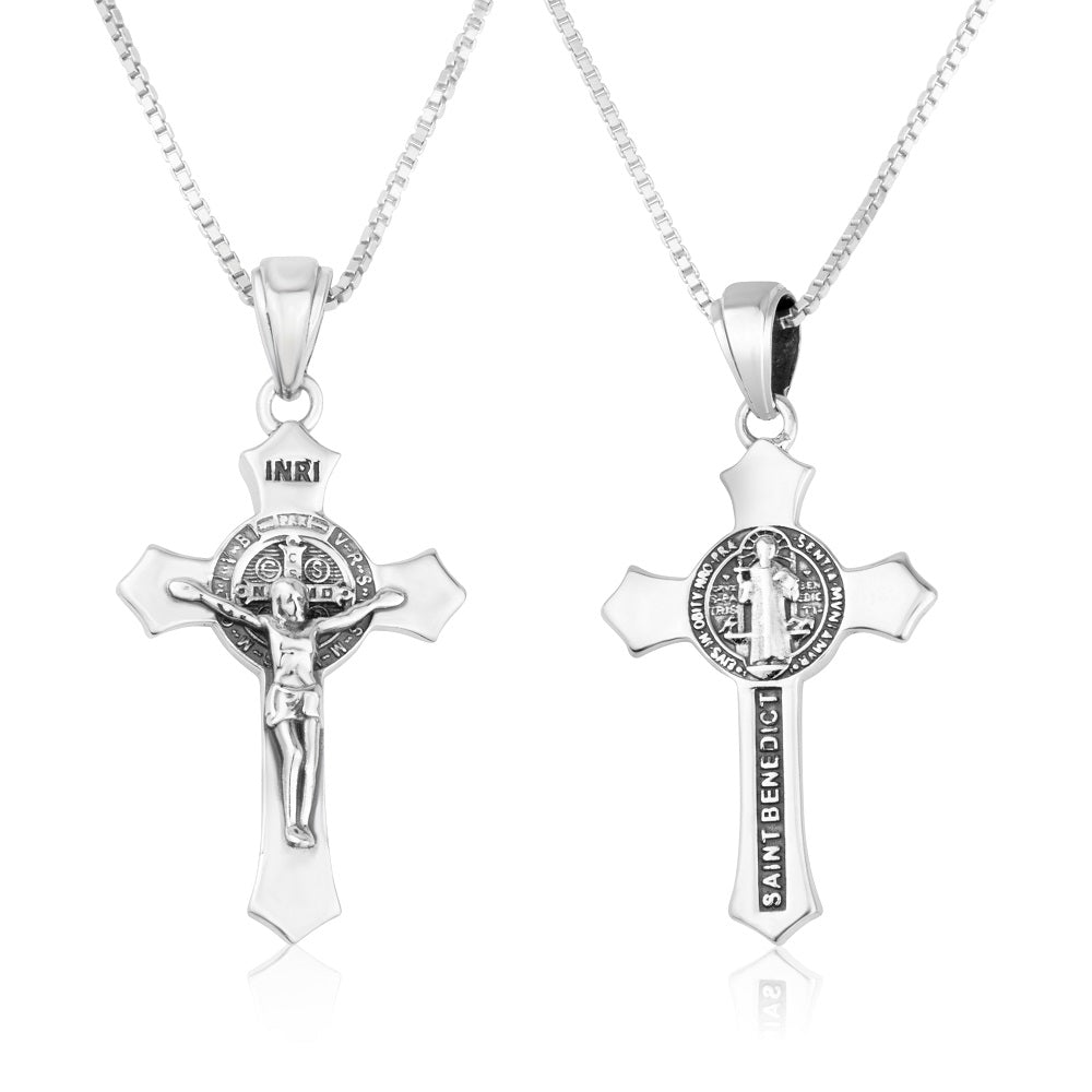 Saint Benedict Crucifix Pendant Ornate Silver Stone Drop Holy Land - Marina Jewelry