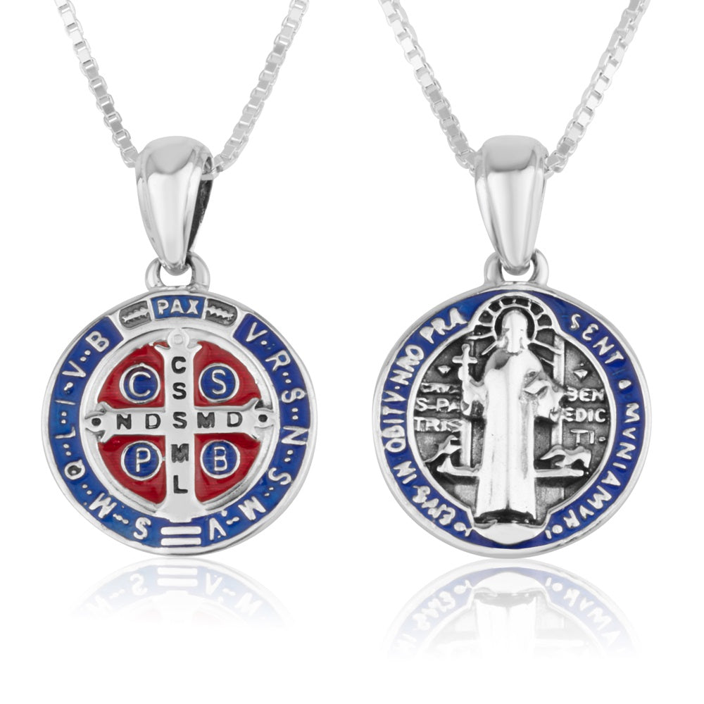 Saint Benedict Medal Necklace Small Blue Red Enamel Sterling Silver Holy Land - Marina Jewelry