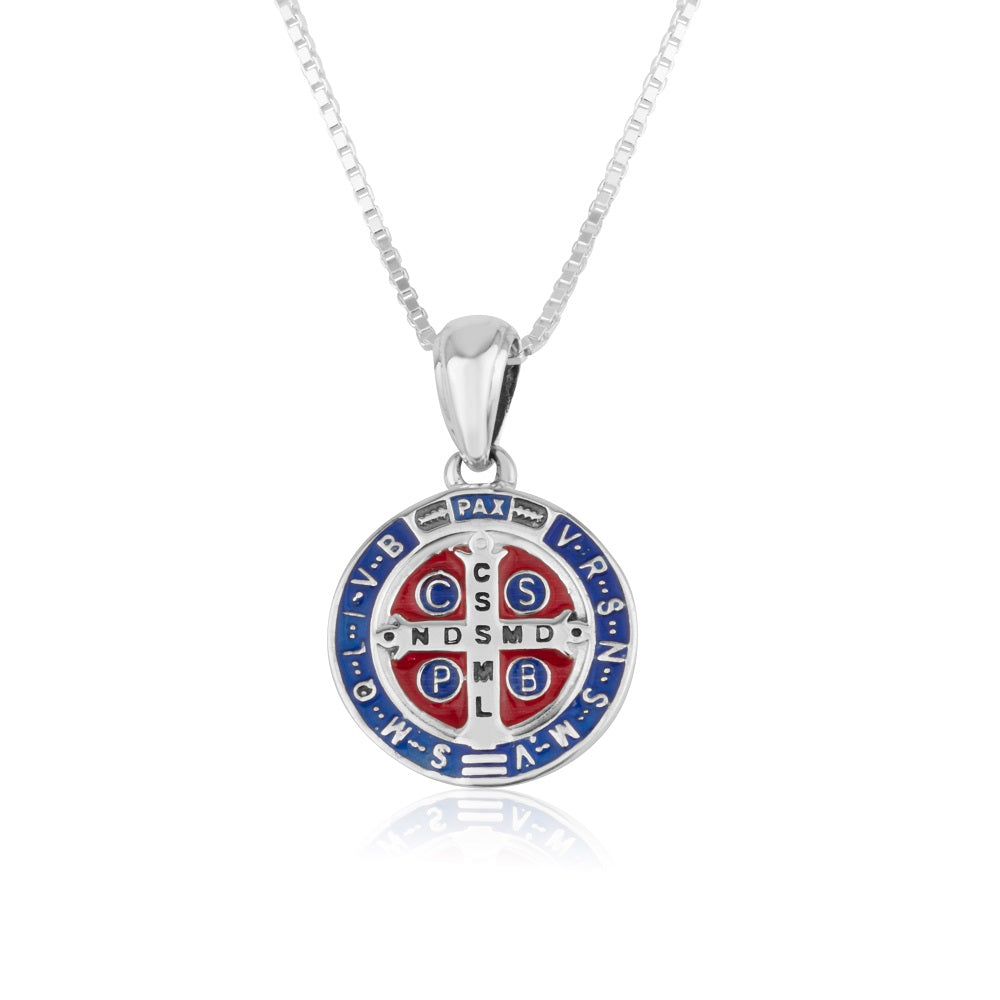 Saint Benedict Figure Medal Necklace Small Blue Red Enamel Sterling Silver Holy Land - Marina Jewelry