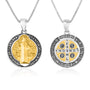 Saint Benedict Medal Necklace Two-Tone Gold Cross Oxidized Sterling Silver Holy Land - Marina Jewelry