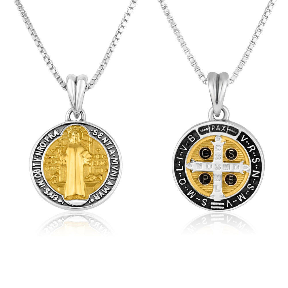 Saint Benedict Medal Necklace Black Enamel Gold Cross Sterling Silver Holy Land - Marina Jewelry