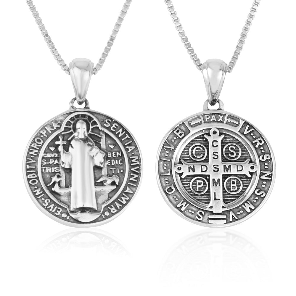Saint Benedict Medal Necklace Large Polished Sterling Silver Holy Land - Marina Jewelry
