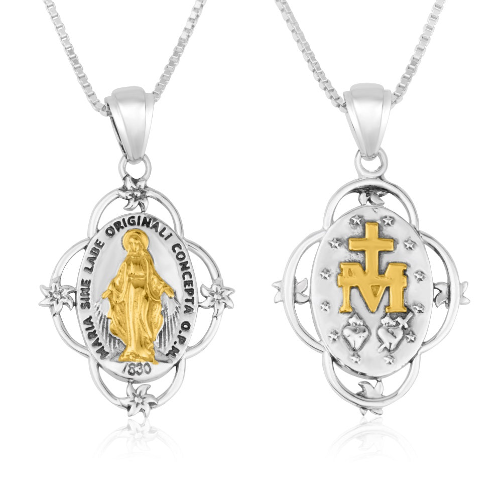 Virgin Mary Ornate Frame Pendant Gold Plated Sterling Silver Holy Land - Marina Jewelry