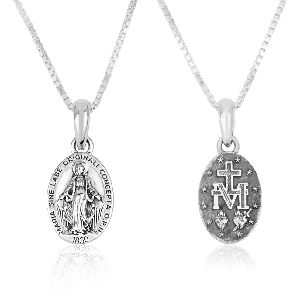 Miraculous Medal Necklace Teardrop Polished Sterling Silver Holy Land - Marina Jewelry