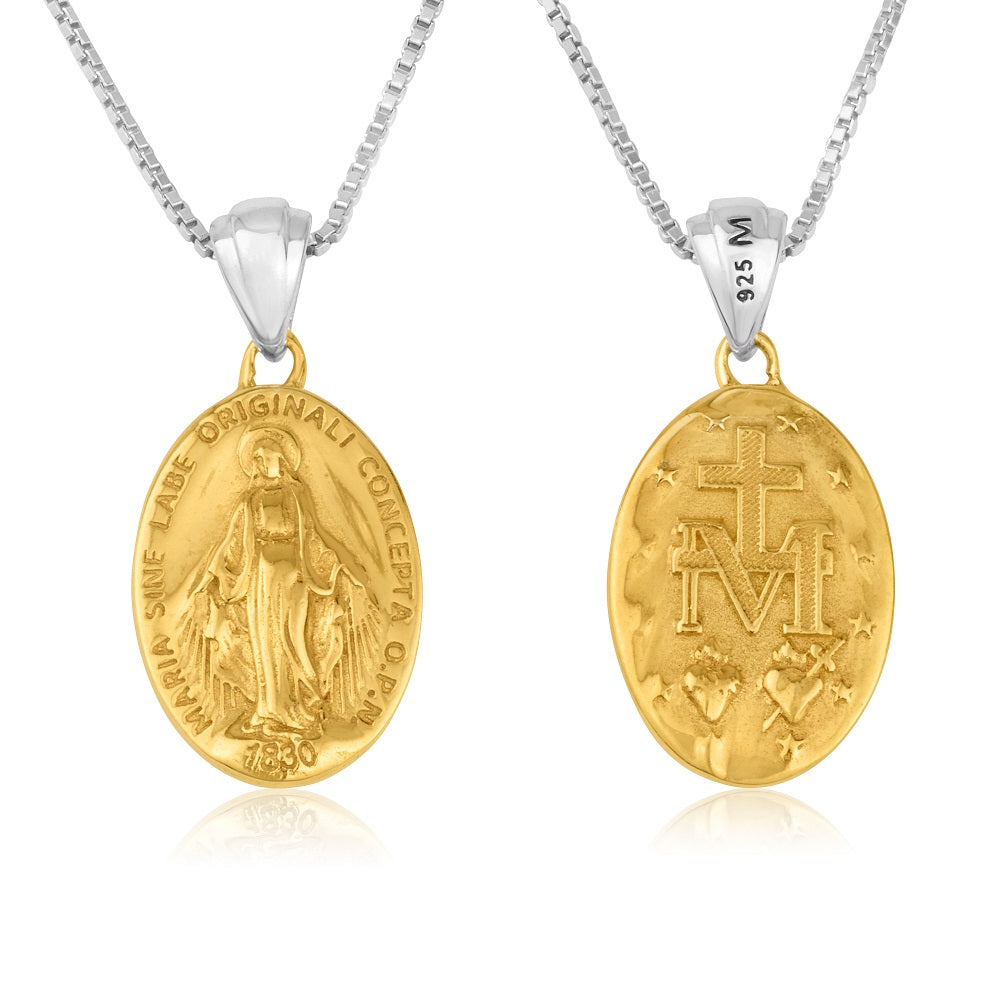 Miraculous Medal Necklace Small Full Gold Plated Sterling Silver Holy Land - Marina Jewelry