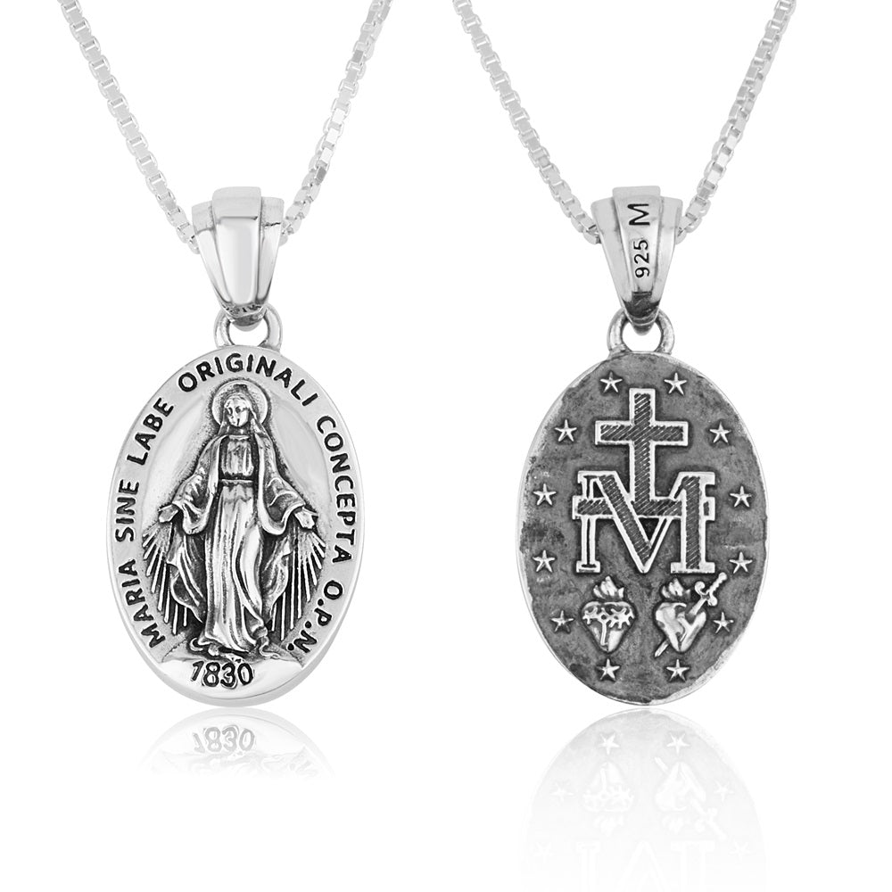 Miraculous Medal Necklace Small Oval Polished Sterling Silver Holy Land - Marina Jewelry