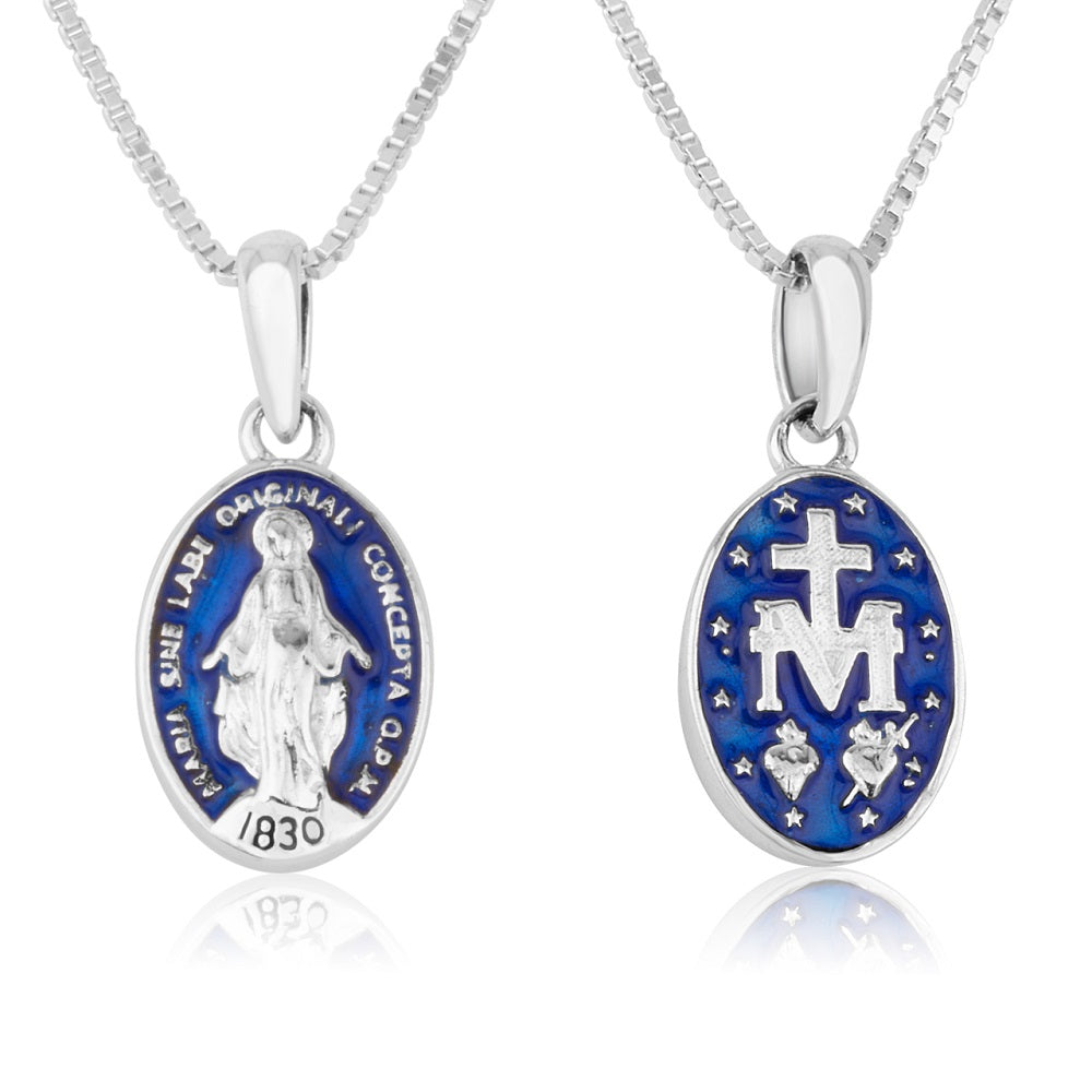 Miraculous Medal Necklace Small Blue Enamel Sterling Silver Holy Land - Marina Jewelry