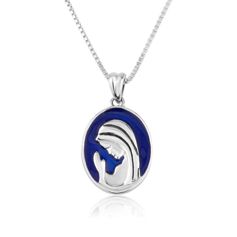 Virgin Mary Profile Portrait Pendant Blue Enamel Sterling Silver Holy Land - Marina Jewelry