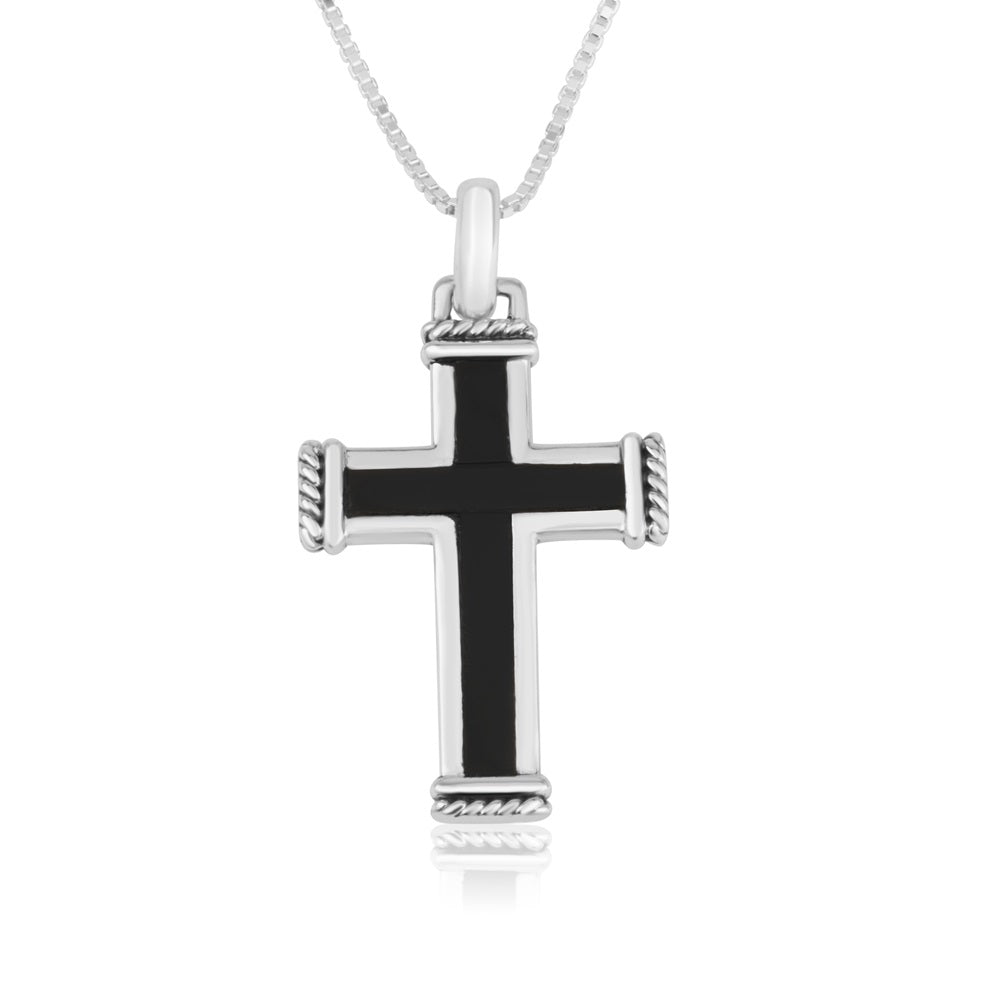 Onyx Cross Pendant Rope Ends - Sterling Silver 925, Holy Land - Marina Jewelry Holy Land