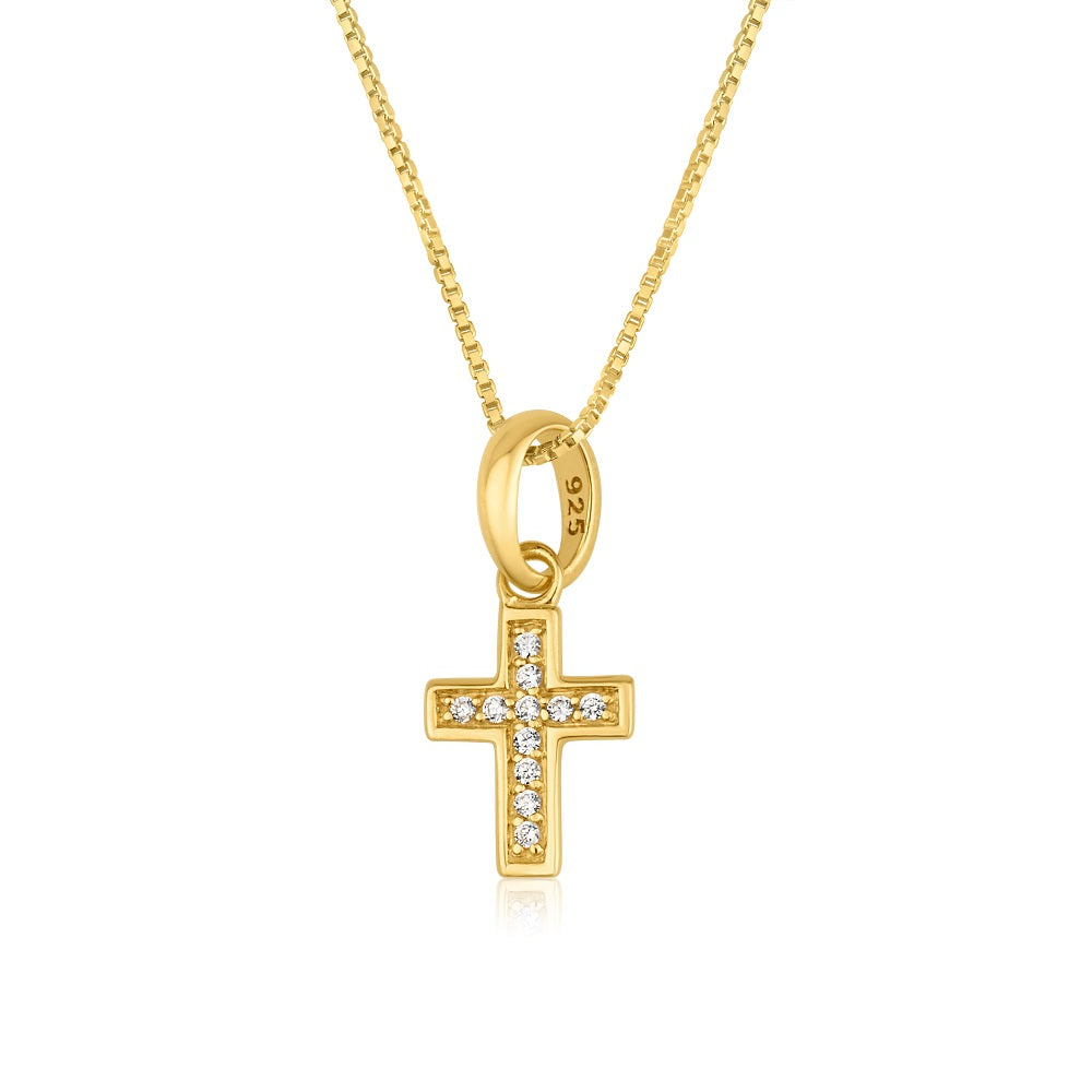 Cross Pendant CZ Stones Gold Plated Sterling Silver Holy Land - Marina Jewelry