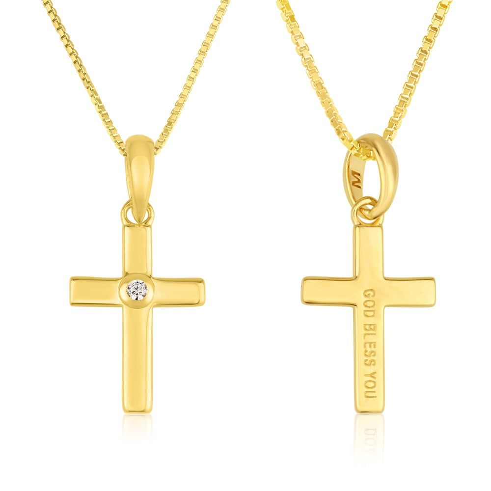Cross Pendant Gold CZ God Bless You - Gold Plated Sterling Silver, Holy Land - Marina Jewelry Holy Land