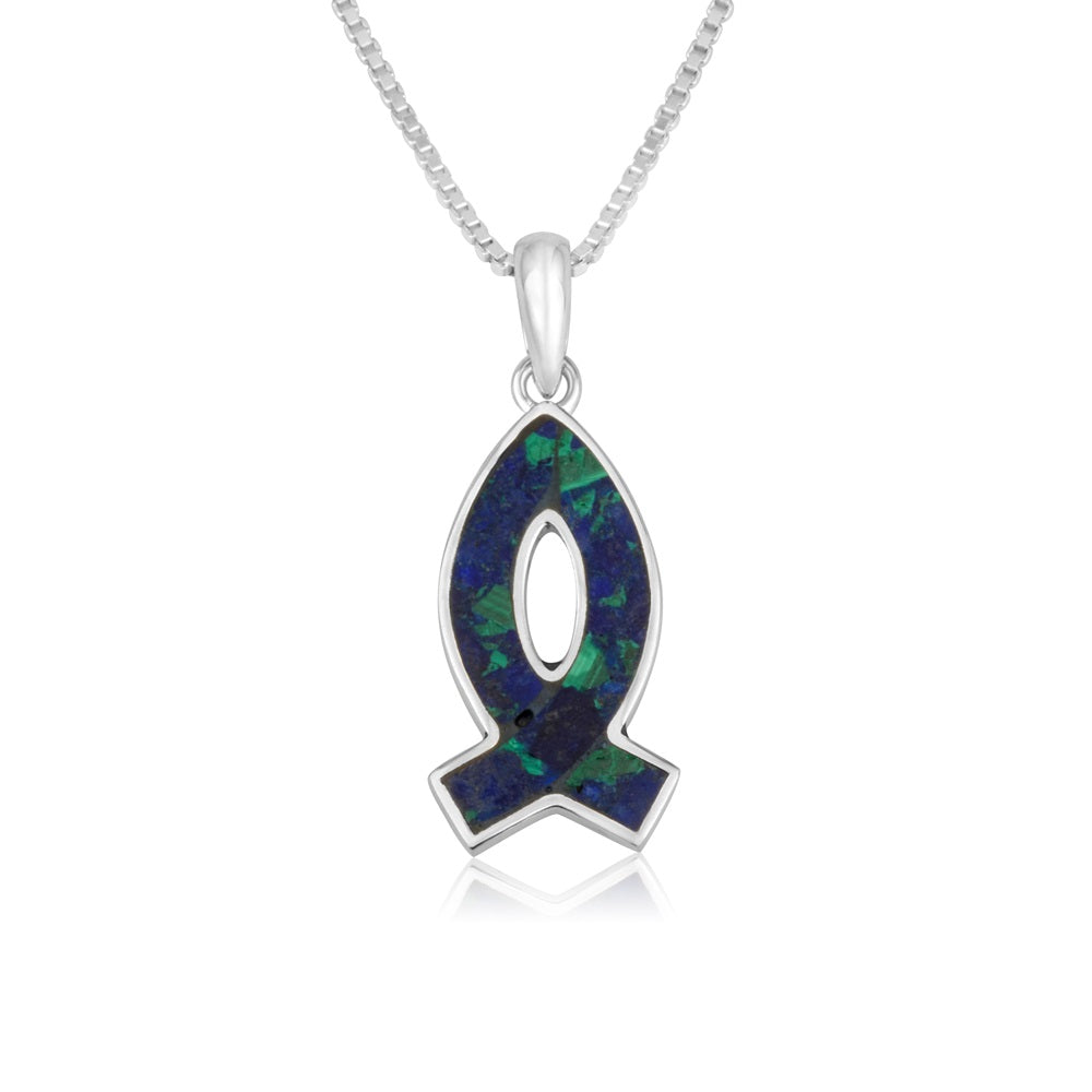 Ichthus Fish Eilat Stone Pendant Necklace - Sterling Silver 925, Holy Land - Marina Jewelry Holy Land