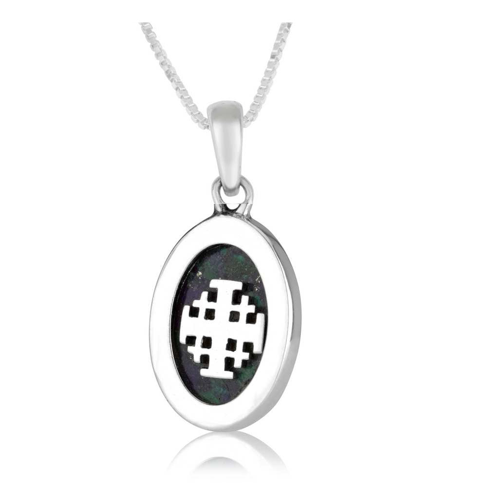 Jerusalem Cross Eilat Stone Oval Pendant - Sterling Silver 925, Holy Land - Marina Jewelry Holy Land