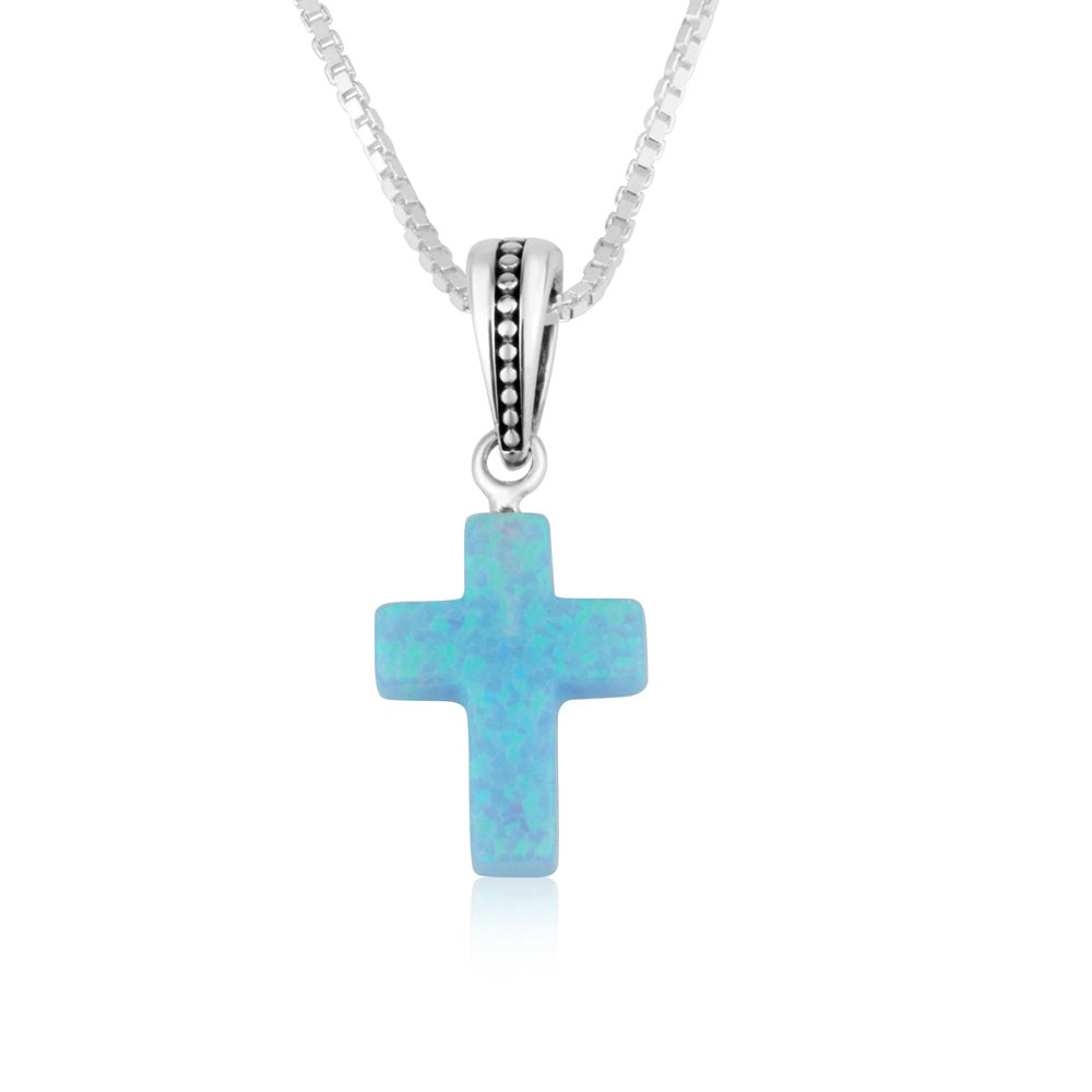 Blue Opal Cross Pendant Necklace Sterling Silver Holy Land - Marina Jewelry