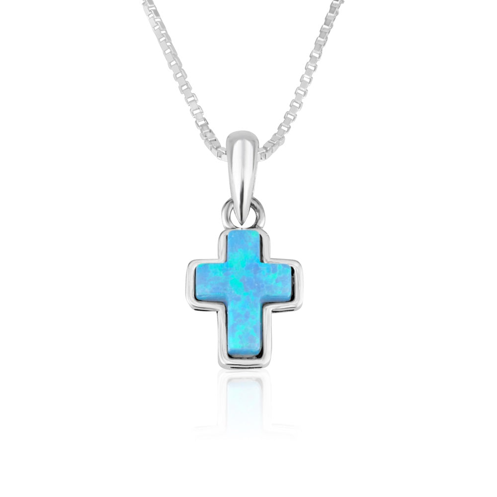 Mini Blue Opal Cross Pendant Necklace Sterling Silver Holy Land - Marina Jewelry