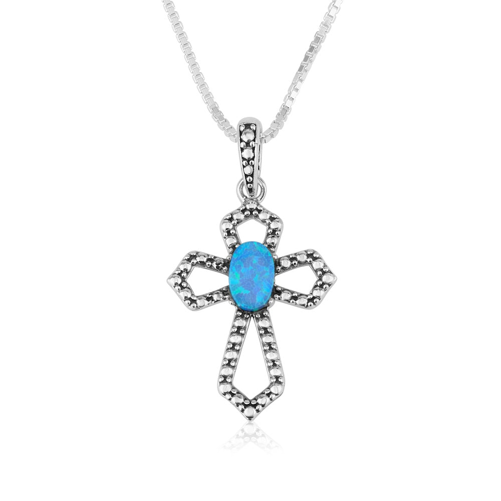 Ornate Cross Pendant Blue Opal Marcasite Sterling Silver Holy Land - Marina Jewelry