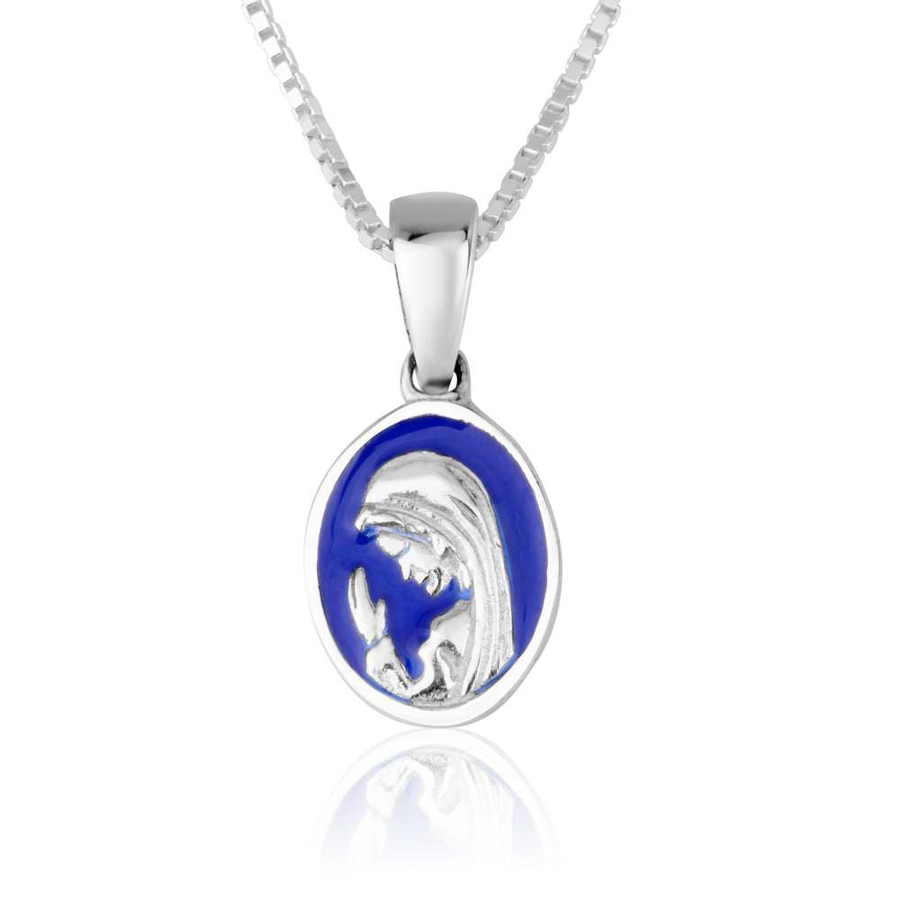 Catholic Medal Blue Enamel Pendant Sterling Silver Embellished Jewelry Holy Land - Marina Jewelry Holy Land