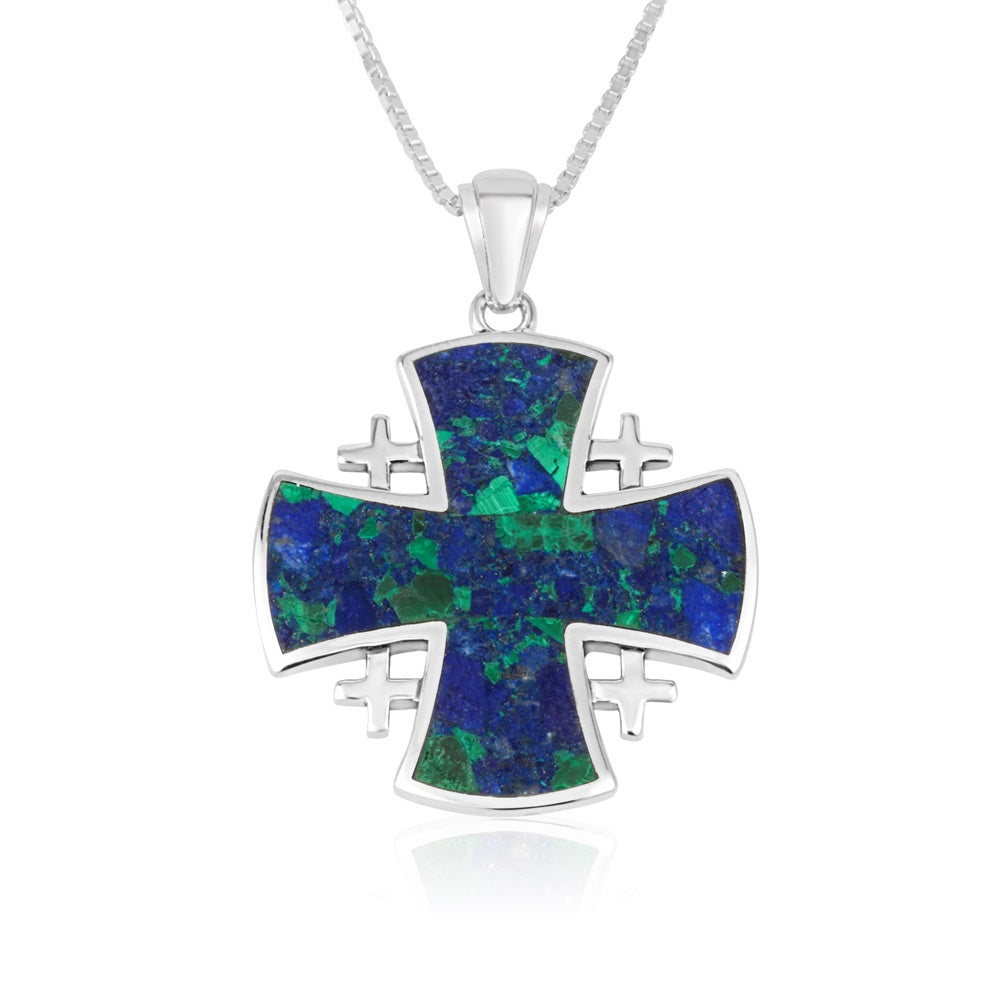 Jerusalem Cross Eilat Stone Large Pendant - Sterling Silver 925, Holy Land - Marina Jewelry Holy Land