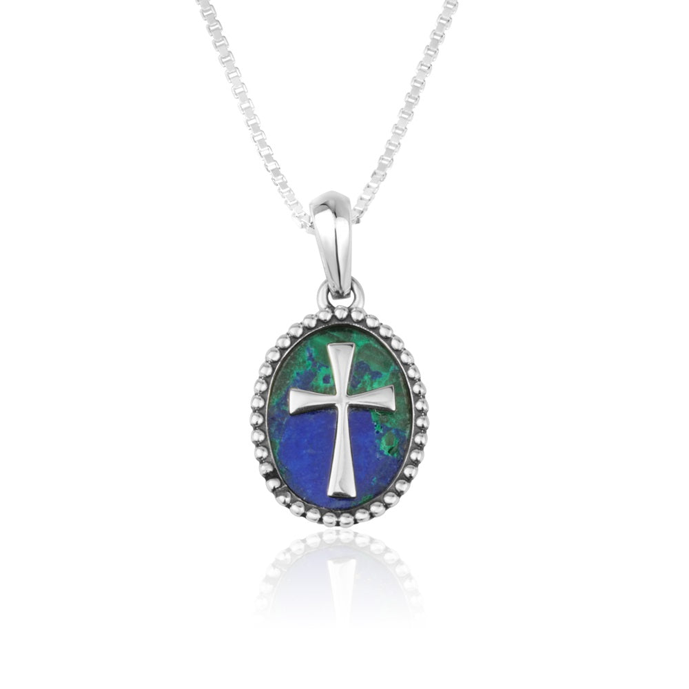 Cross Eilat Stone Oval Pendant Necklace - Sterling Silver 925, Holy Land - Marina Jewelry Holy Land