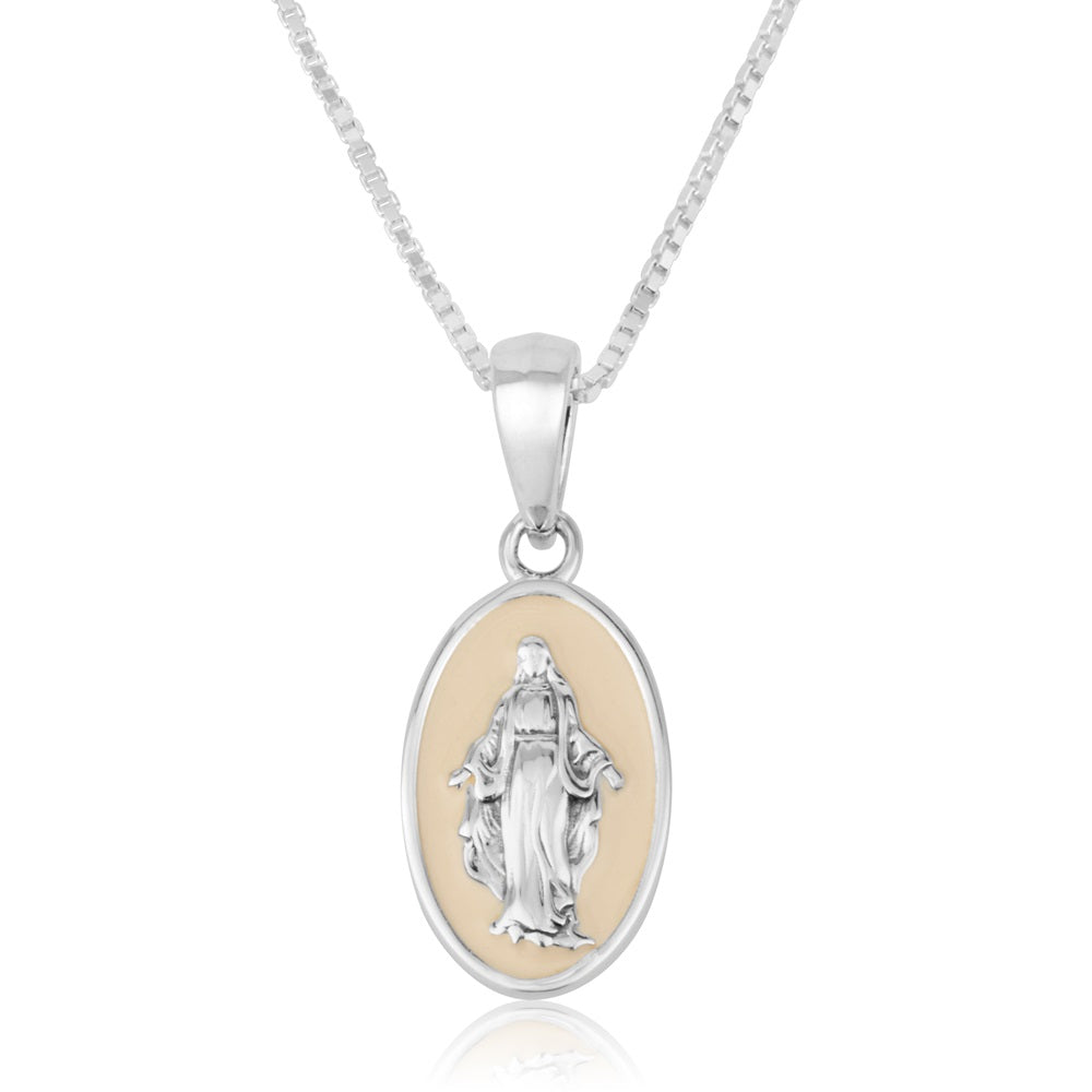 Virgin Mary Oval Pendant Ivory Enamel Sterling Silver Holy Land - Marina Jewelry