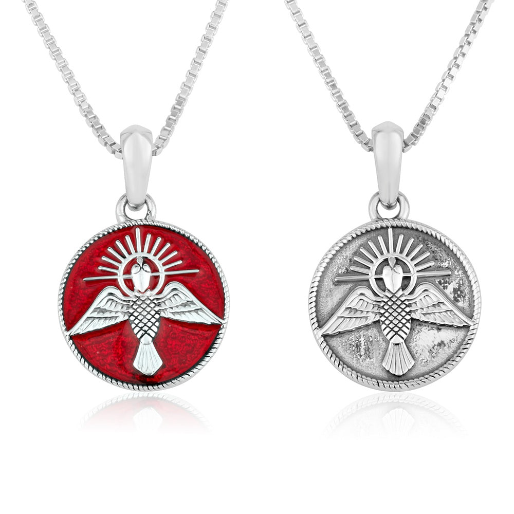 Holy Spirit Dove Red Enamel Coin Pendant - Sterling Silver 925, Holy Land - Marina Jewelry Holy Land