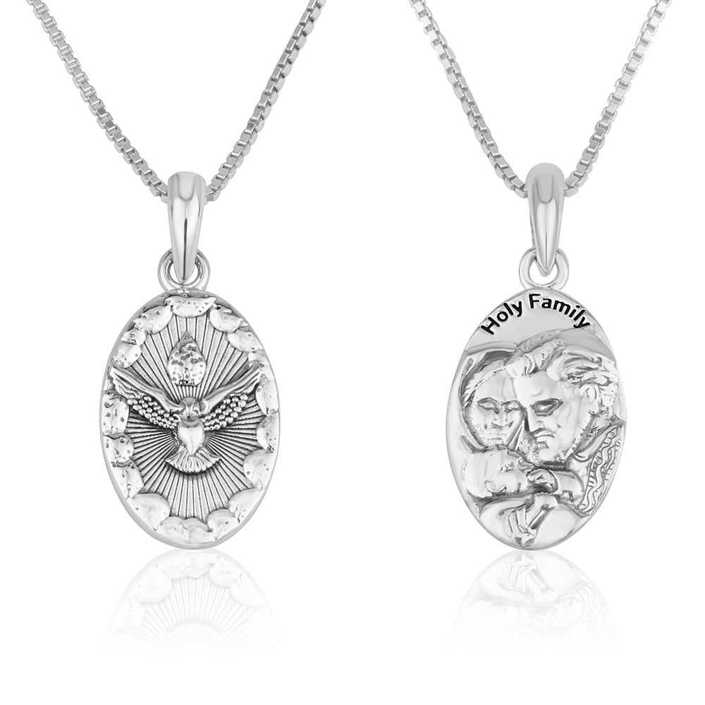 Holy Spirit & Holy Family Double-Sided Oval Pendant - Sterling Silver 925, Holy Land - Marina Jewelry Holy Land