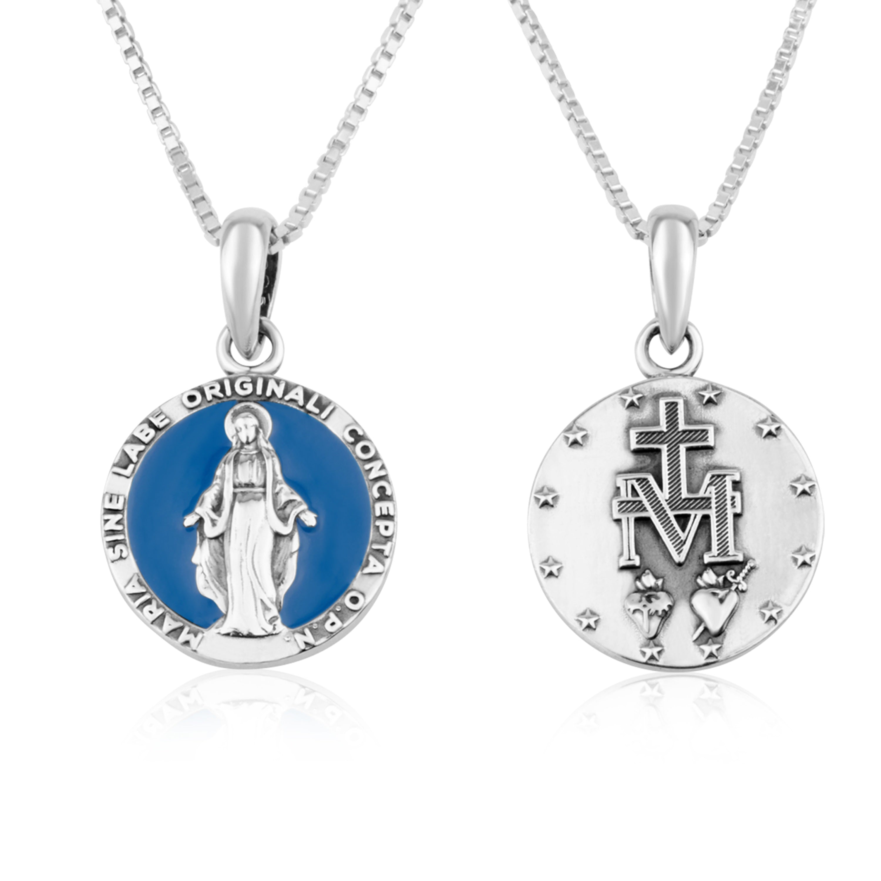Miraculous Medal Round Blue Enamel Pendant - Sterling Silver 925, Holy Land - Marina Jewelry Holy Land