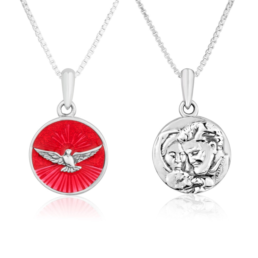 Holy Spirit Dove Red Enamel Round Pendant - Sterling Silver 925, Holy Land - Marina Jewelry Holy Land