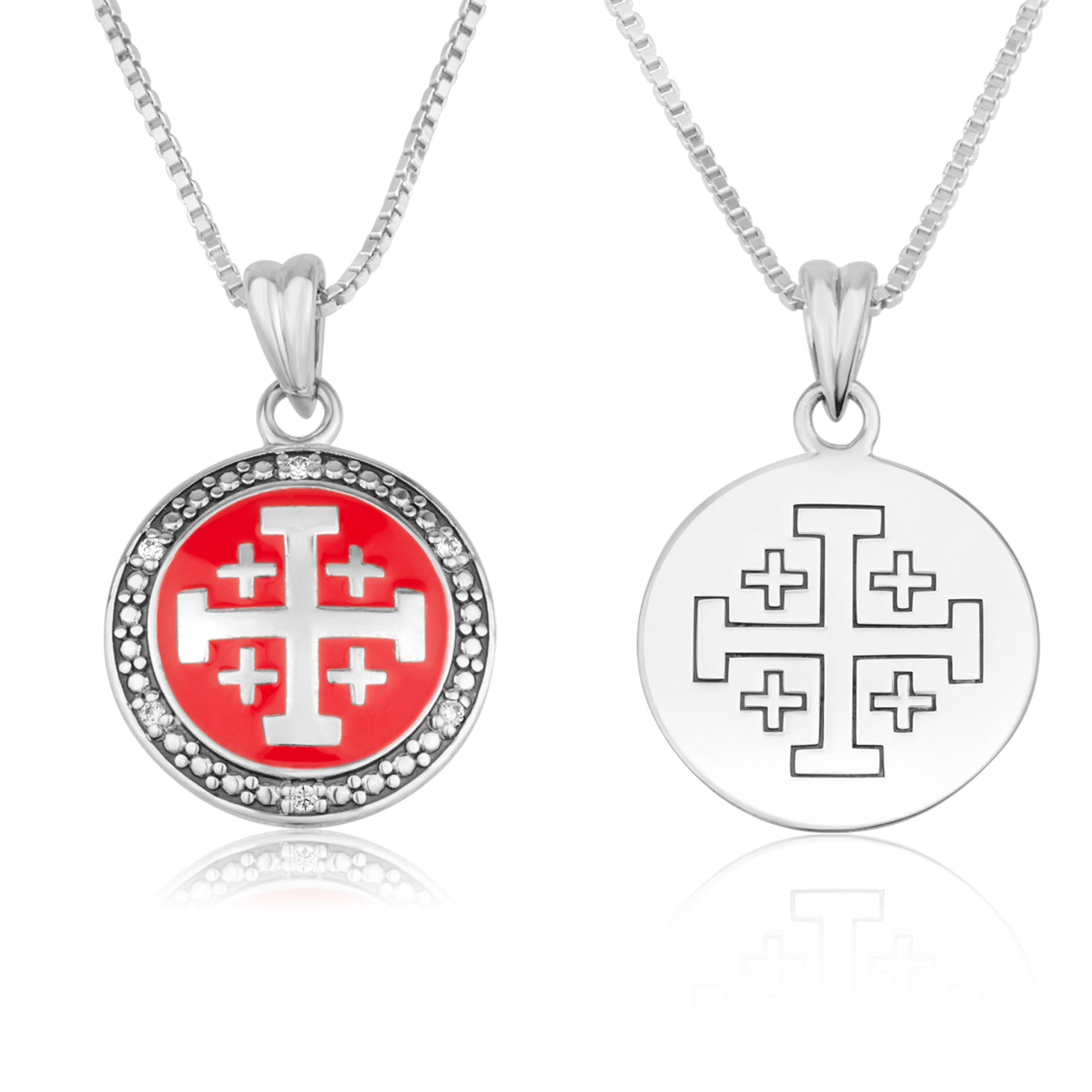 Jerusalem Cross Red Enamel CZ Coin Pendant - Sterling Silver 925, Holy Land - Marina Jewelry Holy Land